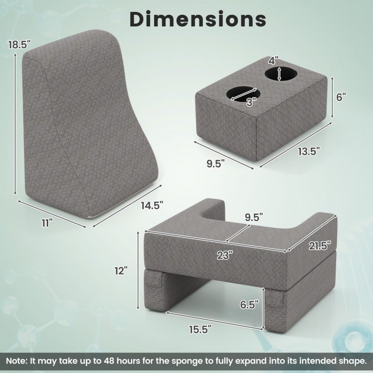 Dimensions of the 3-piece reading pillow set with ergonomic back support, lap desk, and cup holders in gray.