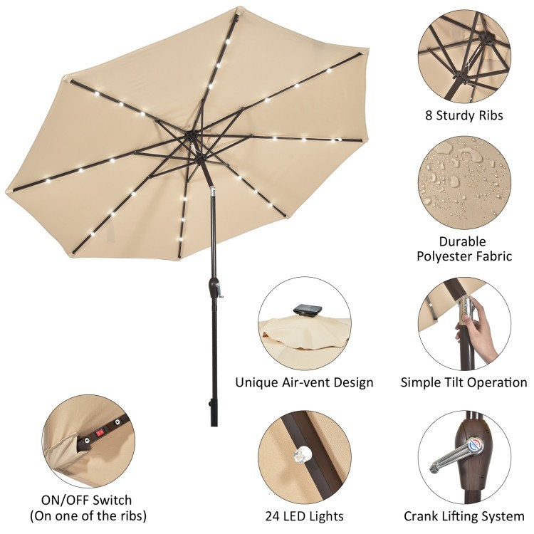 10FT solar LED tilt umbrella with 24 lights and durable polyester fabric for outdoor patio use.