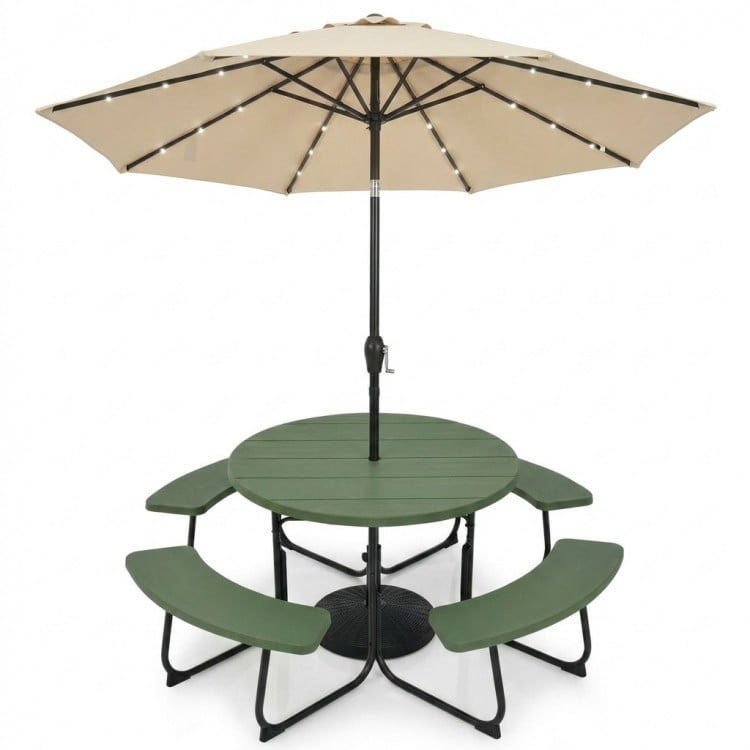 Round picnic table set with 10FT solar LED umbrella, featuring HDPE material and sturdy metal frame for outdoor use.