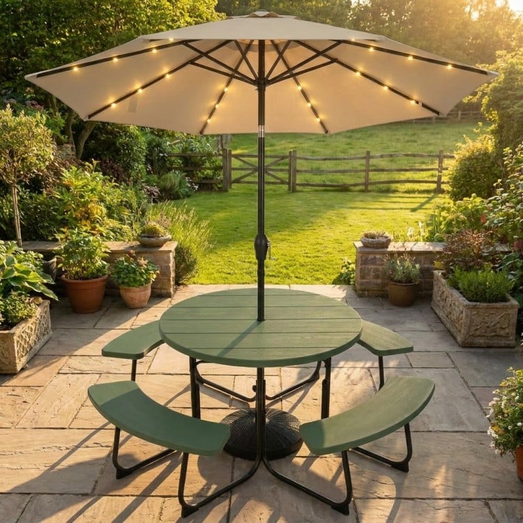 3-piece round picnic table set with 10FT solar LED umbrella, featuring durable HDPE material and a sturdy base for.