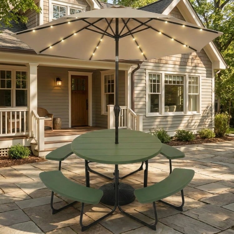 Round picnic table set with 10FT solar LED umbrella, made of HDPE, perfect for outdoor patio gatherings.