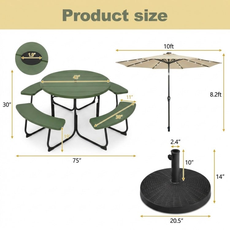 Round picnic table set with 10FT solar LED umbrella and base, featuring durable HDPE material and reinforced metal.