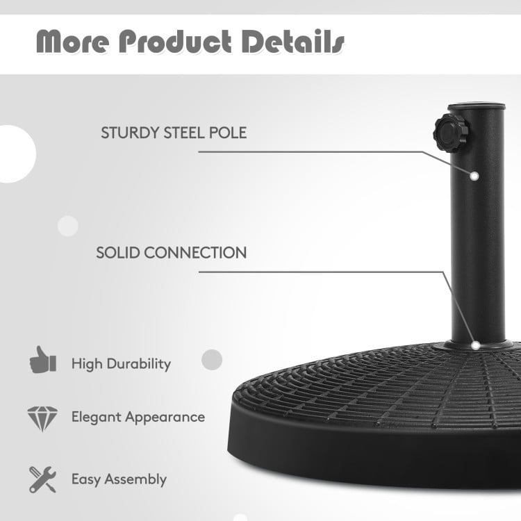 Close-up of the sturdy steel pole and solid connection of the 49 lbs umbrella base for outdoor patio use.