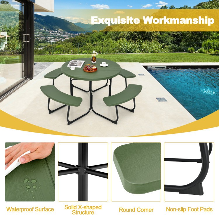 Round picnic table set with solar LED umbrella, featuring waterproof HDPE material and X-shaped structure for stability.