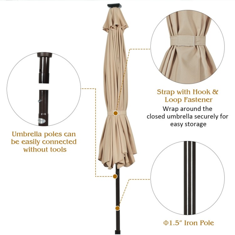 Close-up of the 10FT solar LED tilt umbrella with a hook and loop fastener, designed for easy storage and outdoor use.