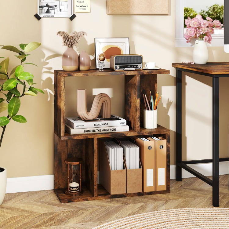 3-tier display bookshelf in rustic finish, ideal for organizing books and decor in small living spaces.
