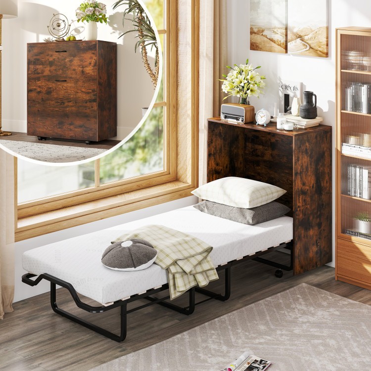 Foldable Murphy bed extended with a white mattress, perfect for accommodating overnight guests in compact living spaces.