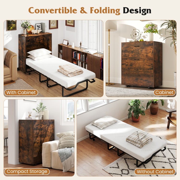 Foldable Murphy bed with cabinet, showcasing compact storage and convertible design for small living spaces.