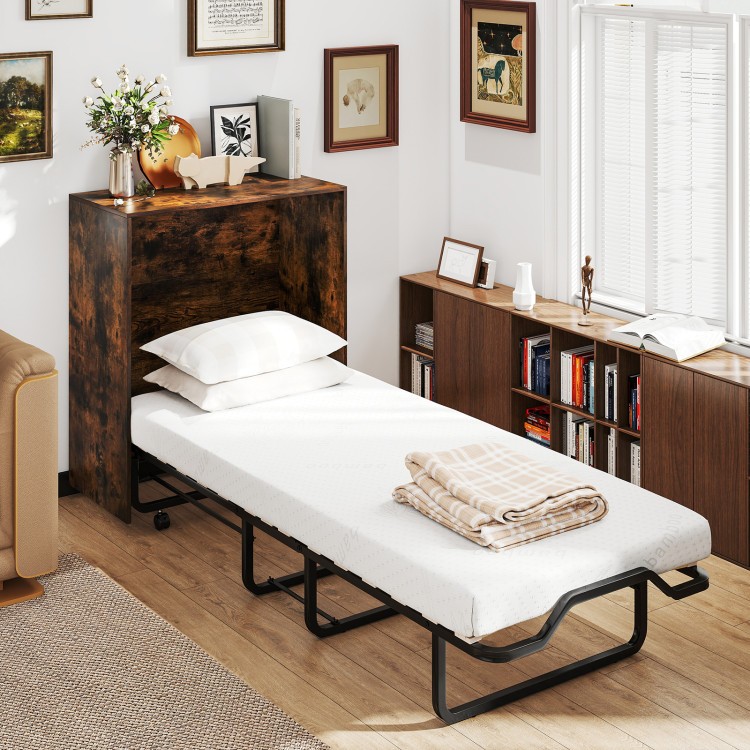 Foldable Murphy bed with white mattress and cozy teddy sofa in a stylish living room, perfect for small spaces.
