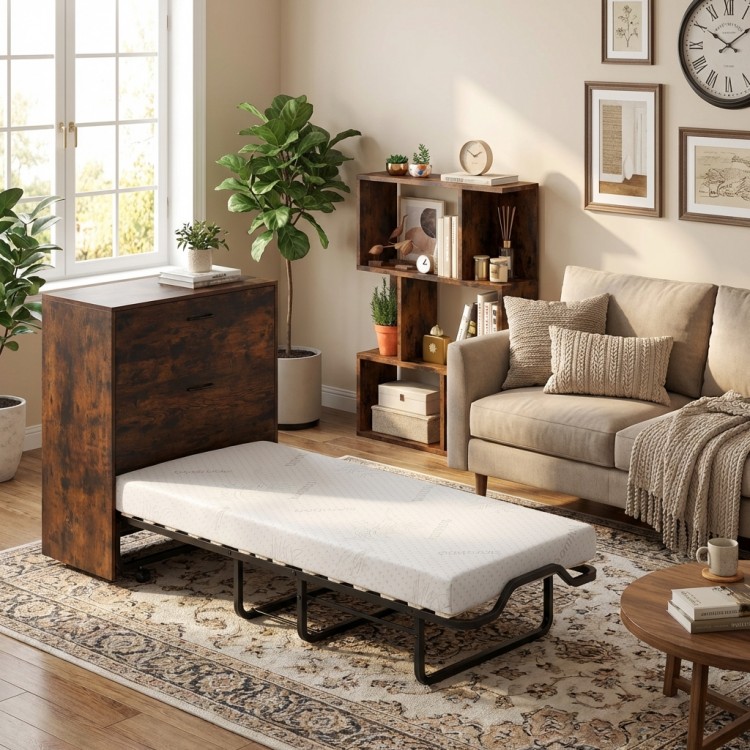 Foldable Murphy bed with teddy velvet sofa and bookshelf in a cozy living room, ideal for small spaces and guests.