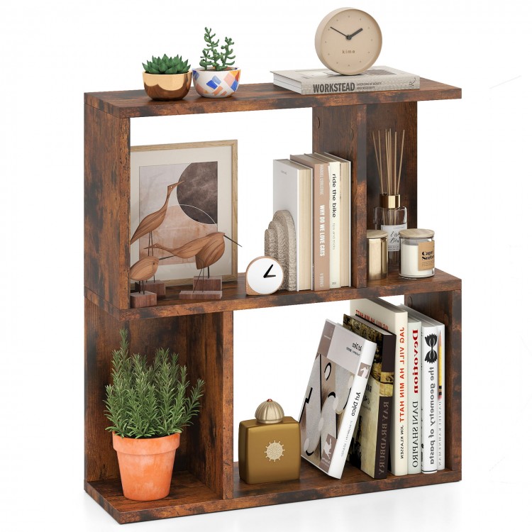 3-tier display bookshelf in rustic finish, showcasing books and decor, ideal for small living spaces and organization.