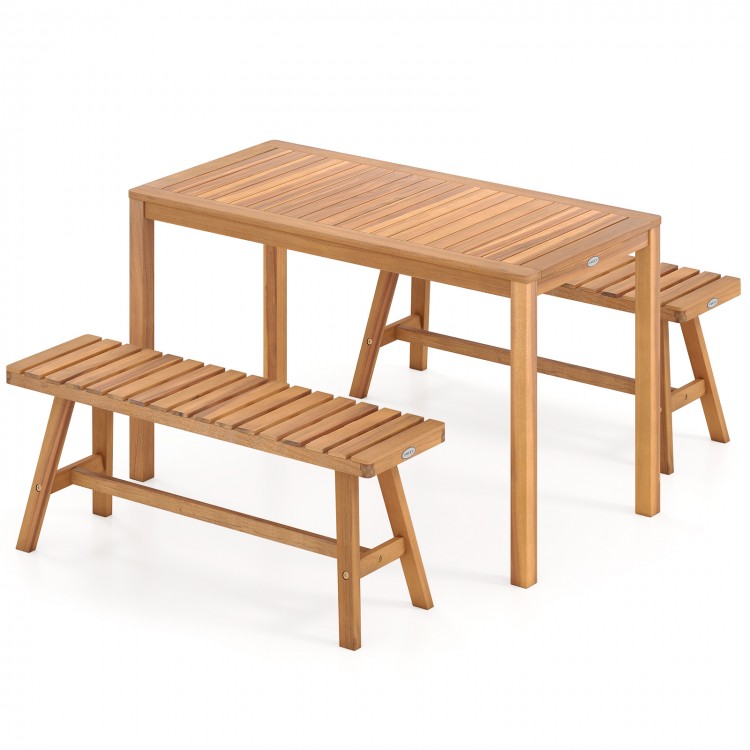 Acacia wood patio dining set with rectangular table and slatted benches, perfect for outdoor spaces like gardens and.