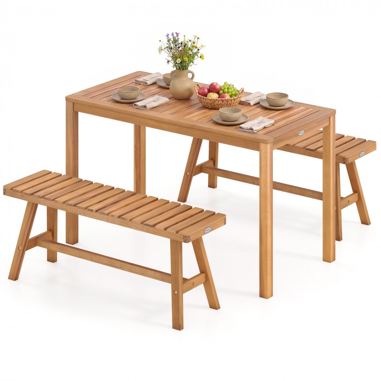 Acacia wood patio dining set with rectangular table and slatted benches, perfect for outdoor gatherings and.
