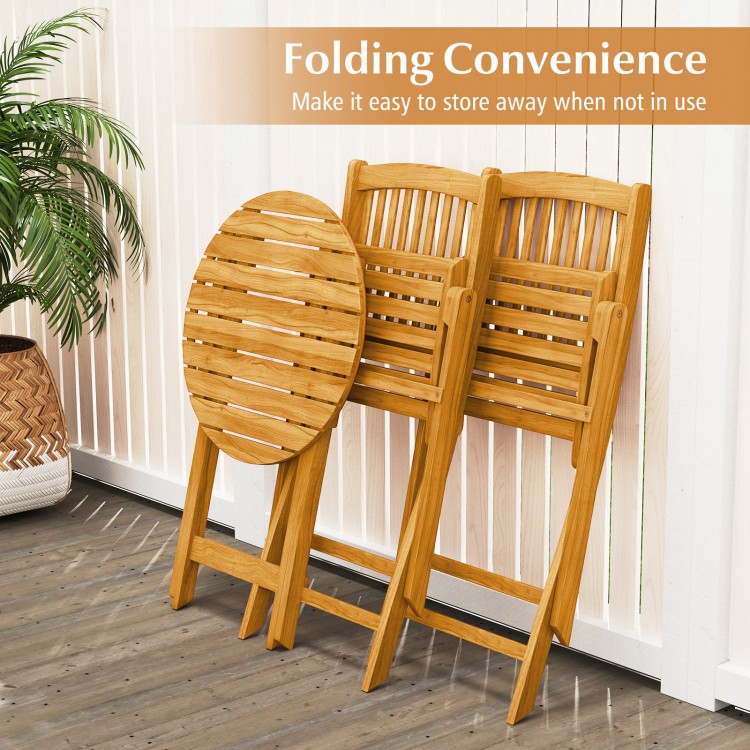 Folding acacia wood patio bistro set with beige cushions, ideal for easy storage and outdoor dining.