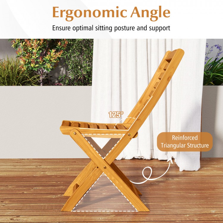 Side view of a folding acacia wood patio chair with soft beige cushion, featuring a 125° ergonomic angle for comfort.
