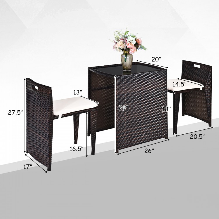 Cushioned wicker patio bistro set featuring a space-saving design, strong steel frame, and ideal for outdoor relaxation.