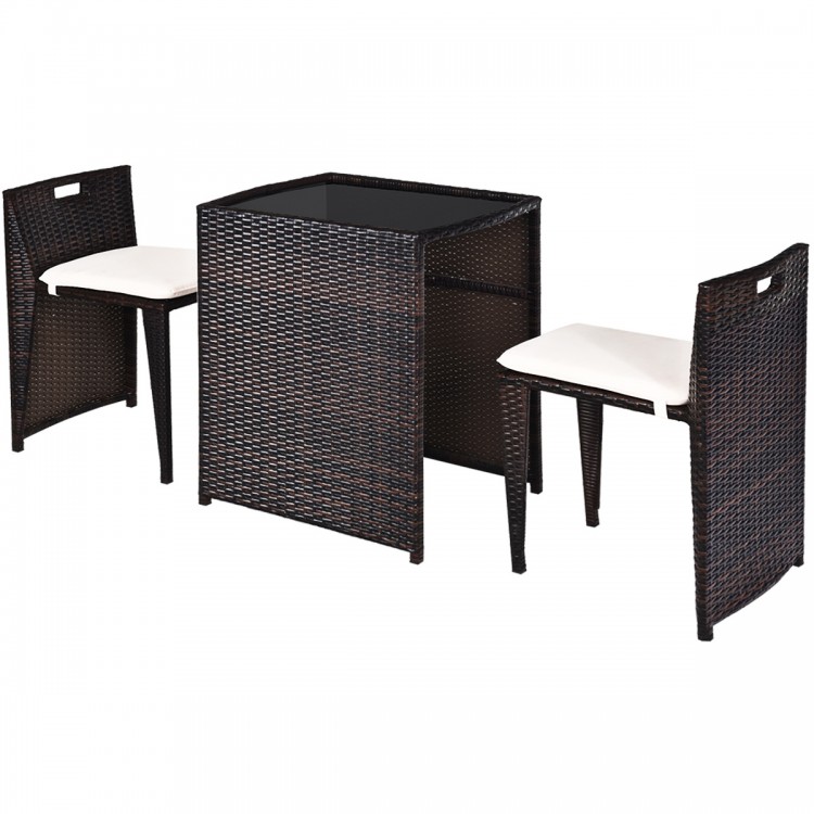 Cushioned wicker patio bistro set featuring a space-saving design, strong steel frame, and ideal for outdoor relaxation.