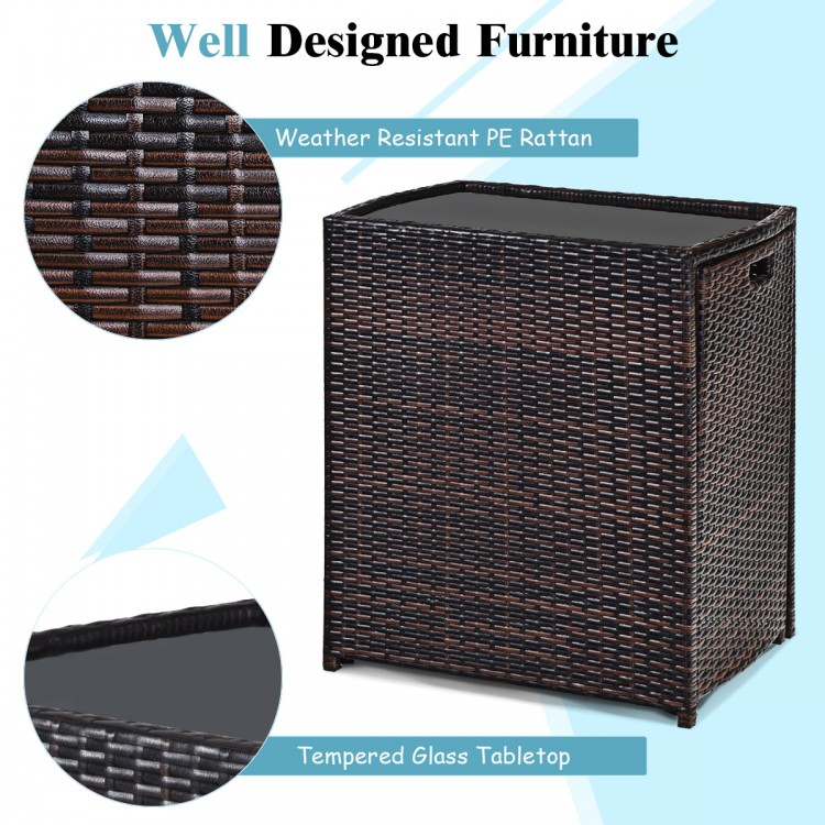 Cushioned wicker patio bistro set featuring weather-resistant PE rattan and a tempered glass tabletop for outdoor use.