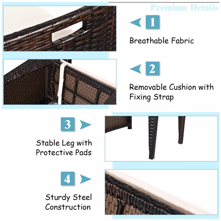 Cushioned wicker patio bistro set featuring a sturdy steel frame, removable cushions, and space-saving design for outdoor use.