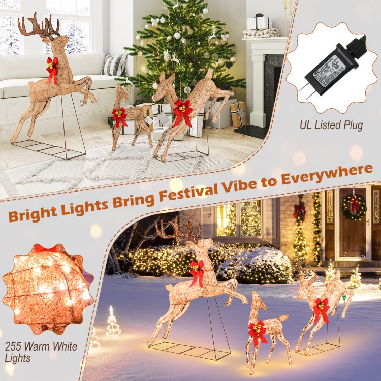Lighted Christmas reindeer family set with 255 warm white lights, red bows, and a stable metal base for indoor and.