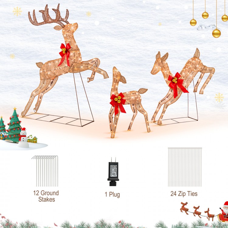 Lighted Christmas reindeer family set with 255 lights, featuring vivid antlers and red bows, perfect for festive.