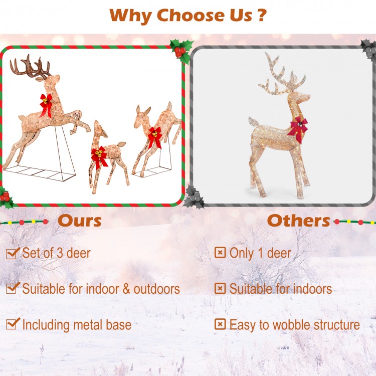 Lighted Christmas reindeer family set with 255 lights, featuring vivid antlers and red bows, suitable for indoor and.