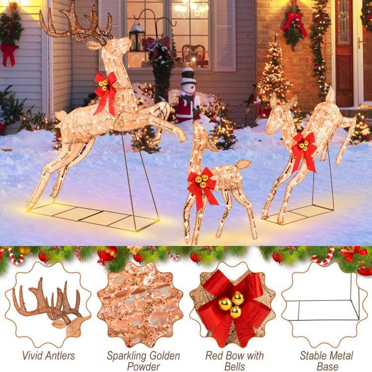 Lighted Christmas reindeer family set with vivid antlers, red bows, and 255 lights for festive indoor and outdoor decor.