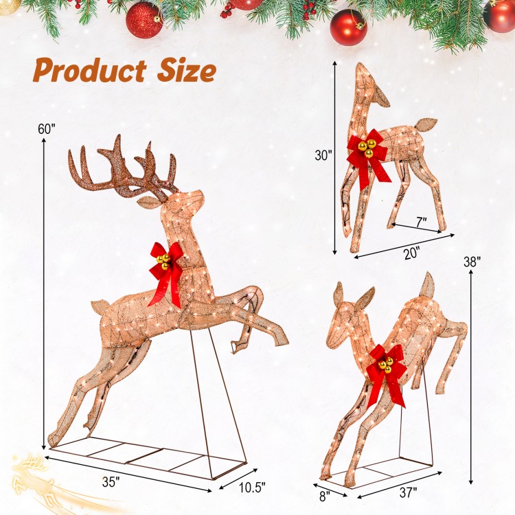 Lighted Christmas reindeer family set with 255 lights, featuring a jumping deer and festive red bows for holiday decor.
