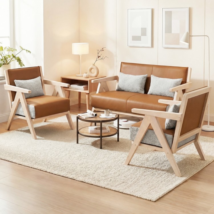 3-piece living room furniture set featuring a brown rubber wood frame, soft chenille fabric, and ergonomic backrests.