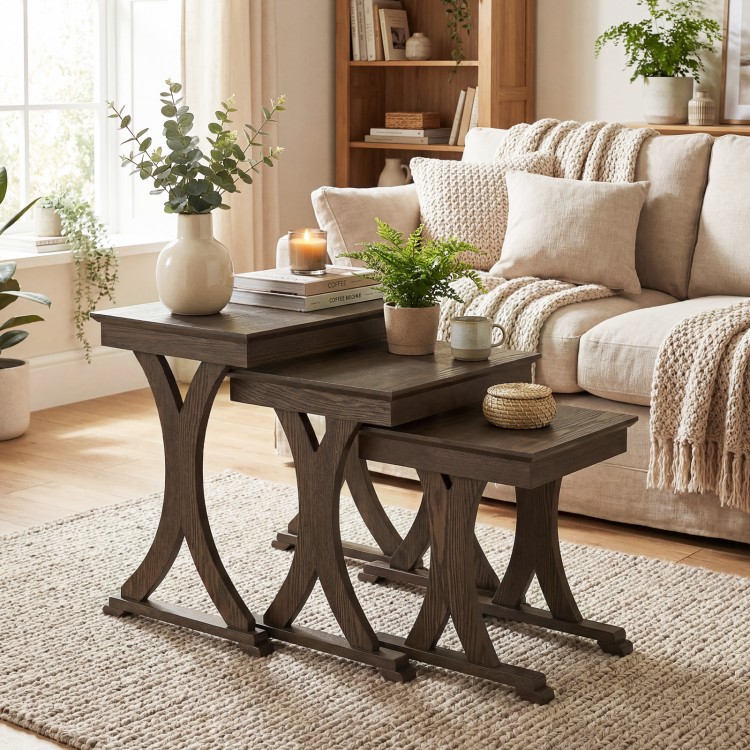 Nesting coffee table set of 3 with solid rubber wood legs in brown, ideal for living room or bedroom organization.