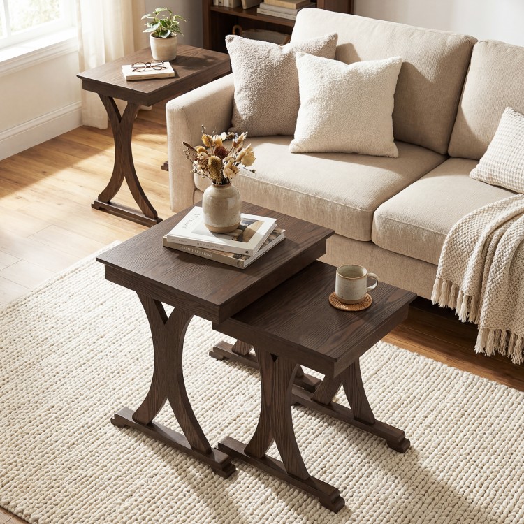 Nesting coffee table set with solid rubber wood legs in brown, perfect for living room or bedroom organization.