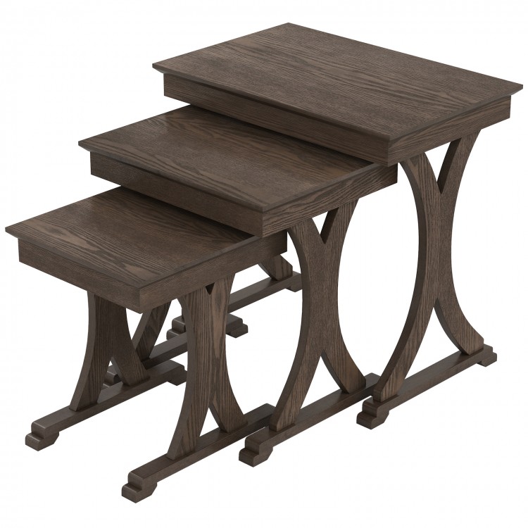 Nesting coffee table set of 3 in brown with solid rubber wood legs, perfect for living room or bedroom organization.