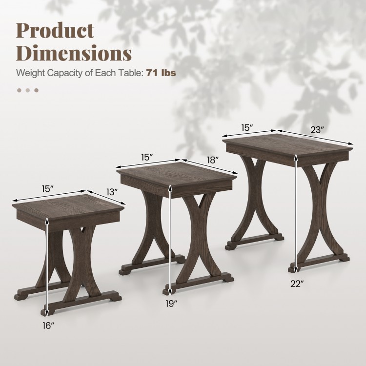 Nesting coffee table set of 3 with solid rubber wood legs, featuring modern geometric design and easy-to-clean surfaces.