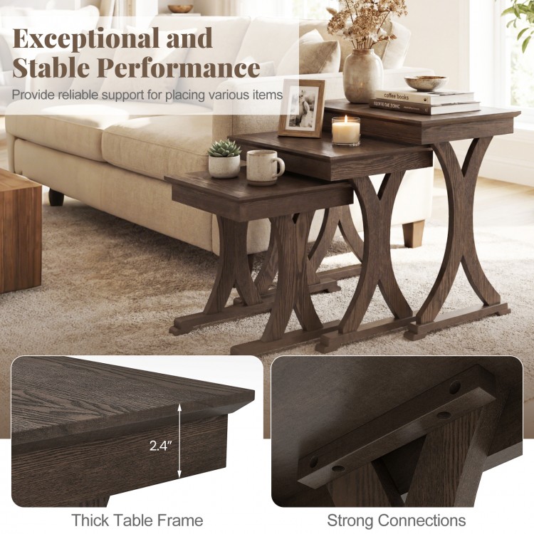 Nesting coffee table set of 3 with solid rubber wood legs in brown, perfect for living room or bedroom organization.