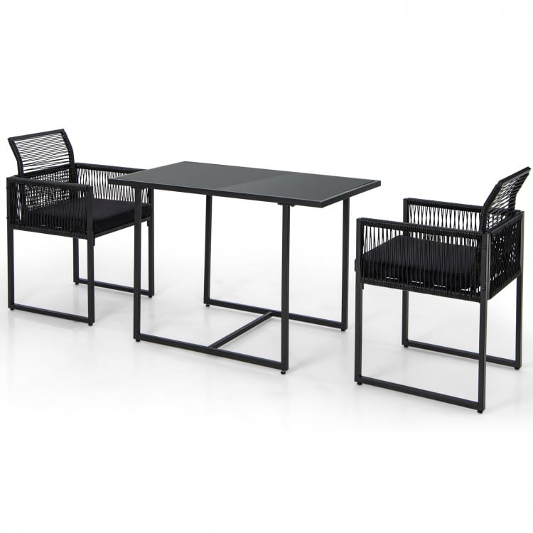 3-piece outdoor dining set featuring a black folding backrest, soft cushions, and a spacious tempered glass table for.
