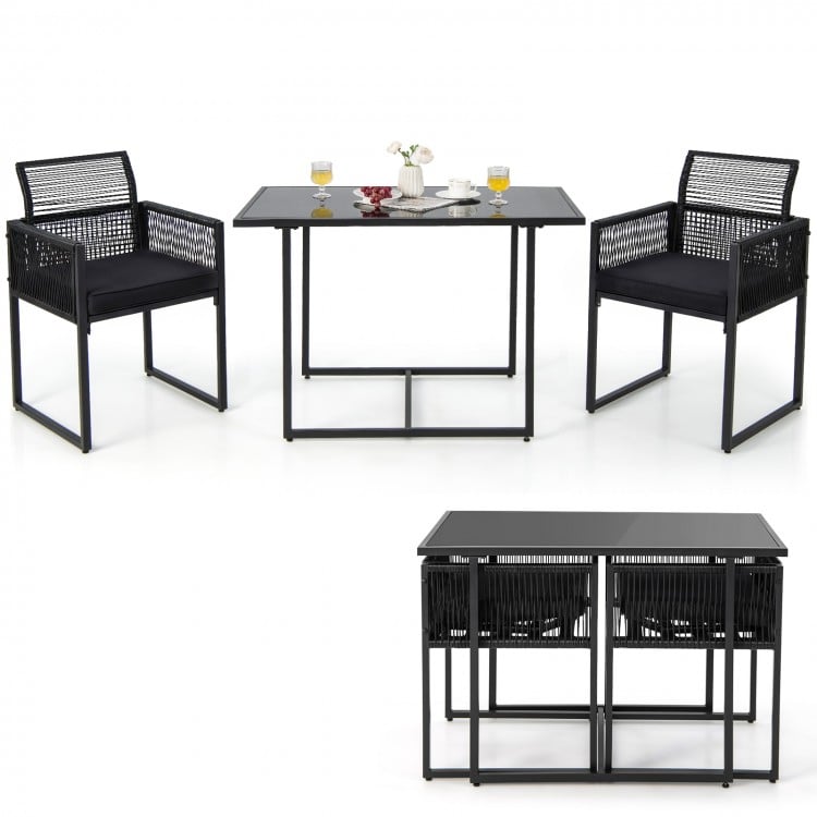 3-piece outdoor dining set featuring black hand-woven PE rattan chairs and a spacious tempered glass table for backyard.