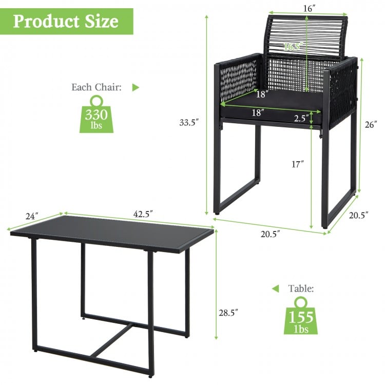 3-piece outdoor dining set featuring a black folding chair with cushion and a tempered glass table for backyard use.