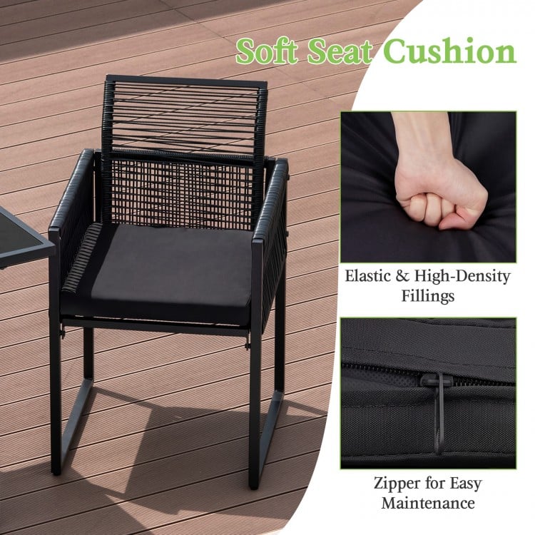Black outdoor dining chair with soft cushion, curved backrest, and zipper for easy maintenance, ideal for patio use.