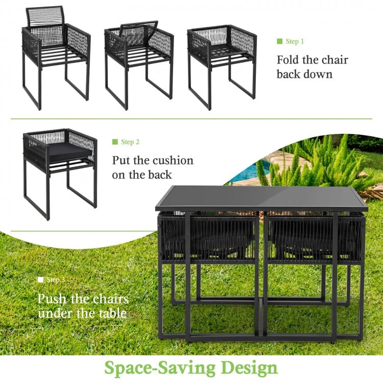 Folding chairs and table of a 3-piece outdoor dining set in black, featuring space-saving design for backyard use.