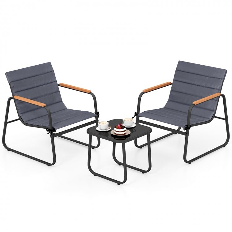 Gray patio bistro set with two chairs and a square side table, featuring removable cushions and sturdy metal frame.