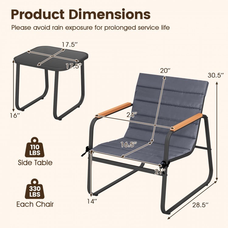 Dimensions of the 3-piece patio bistro set, featuring gray chairs and a side table for outdoor comfort and stability.