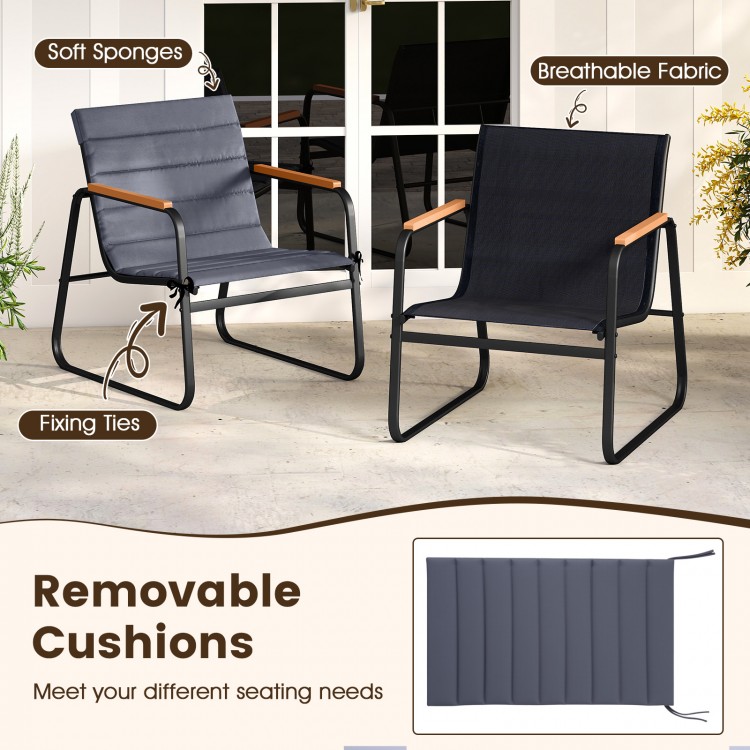 Two chairs from a gray patio bistro set with removable cushions, soft sponges, and breathable fabric for outdoor.