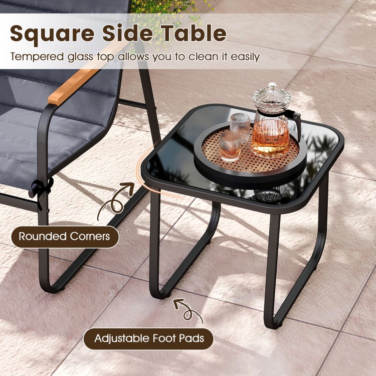 Square side table with tempered glass top and rounded corners, perfect for outdoor patio use with adjustable foot pads.