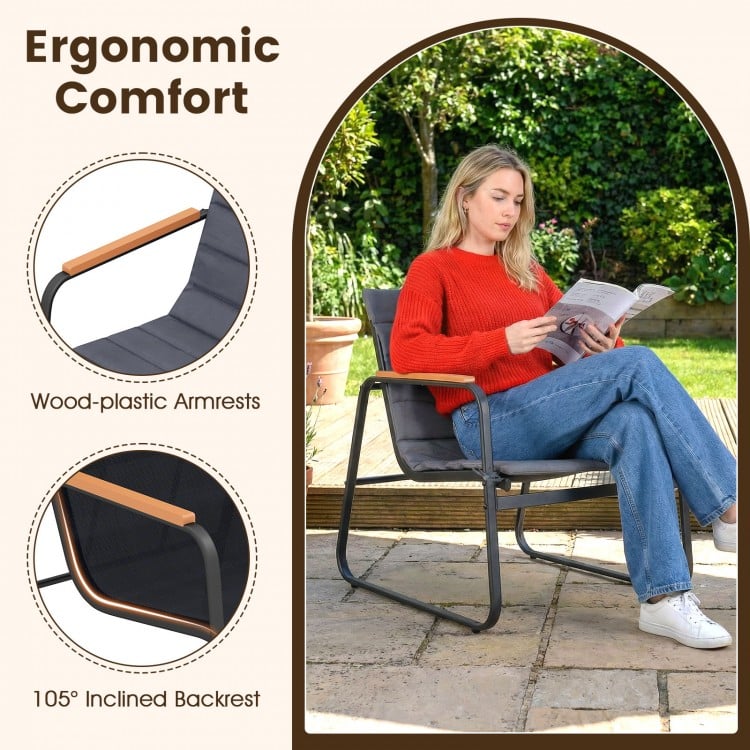 Ergonomic patio chair with wood-plastic armrests, 105° inclined backrest, and removable cushions for outdoor comfort.