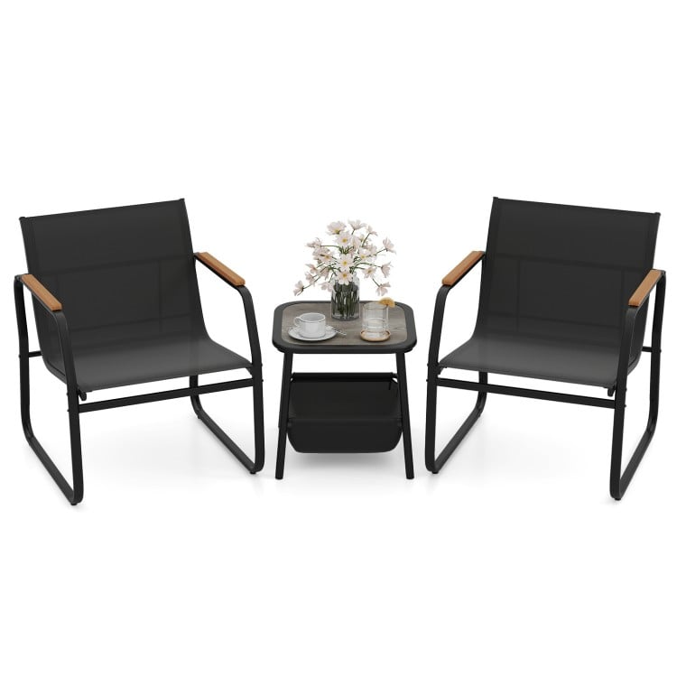 Two black patio chairs with wood armrests and a square side table, perfect for outdoor bistro conversations.