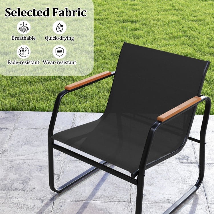 Black patio armchair with breathable mesh fabric and plastic wood armrests, ideal for outdoor relaxation and durability.