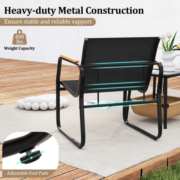 Heavy-duty metal patio armchair with breathable mesh fabric, 400 lbs capacity, and adjustable foot pads for stability.