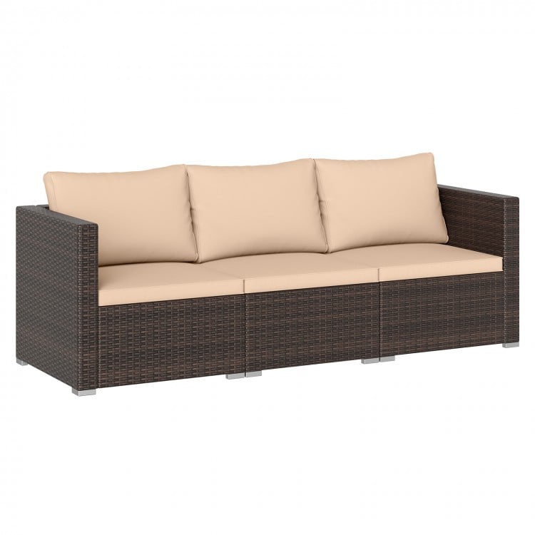 Three-piece patio sectional sofa set in dark PE rattan with beige cushions, perfect for outdoor relaxation.