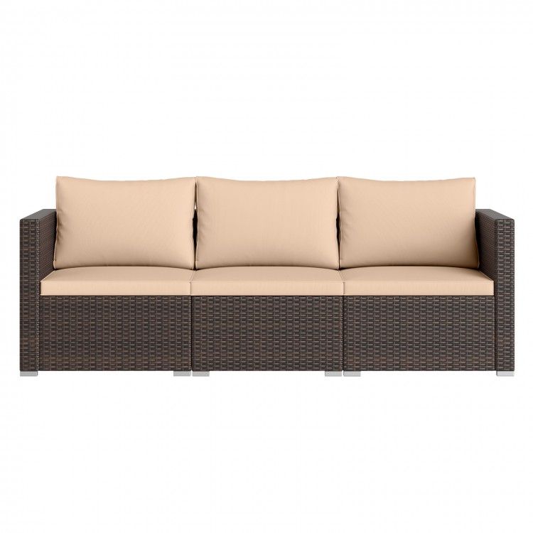Three-piece patio sectional sofa set with beige cushions, hand-woven PE rattan, ideal for outdoor relaxation.