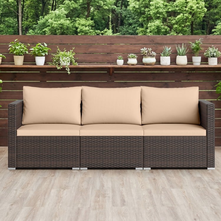 Three-piece patio sectional sofa set in beige with soft cushions, ideal for garden or poolside relaxation.